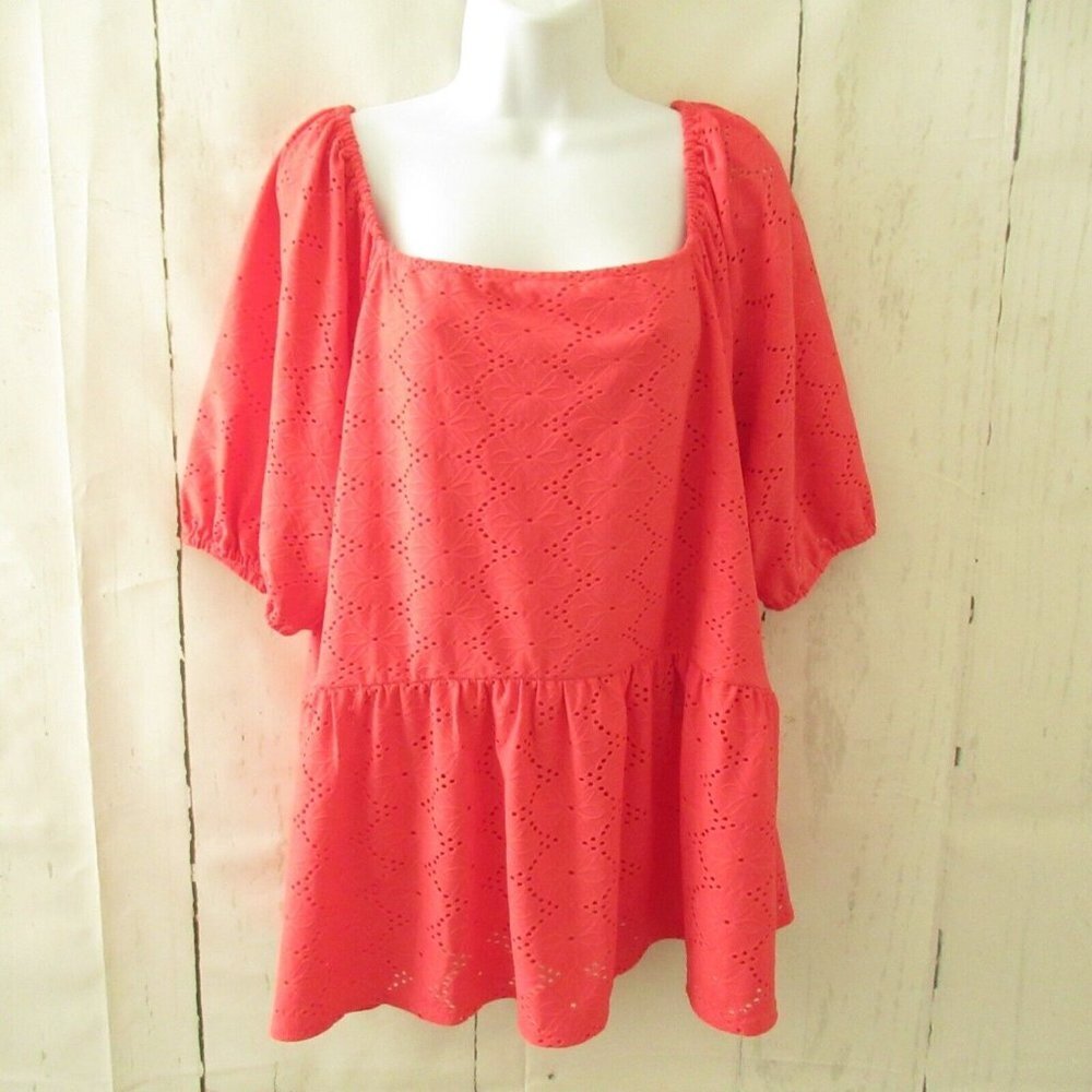Lane Bryant Top 22 24 Pink‎ Eyelet Peplum Short Sleeve Popover Plus Size